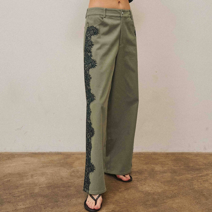 The Margot Lace-Trim Twill Pant — Olive