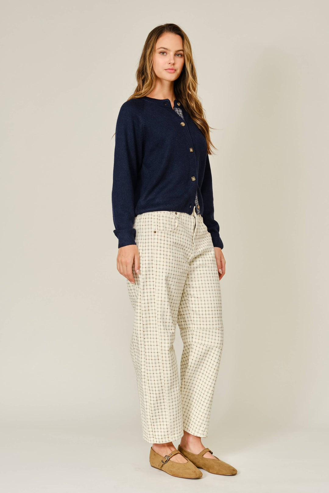 Plaid Placket Wool Blend Cardigan – Navy
