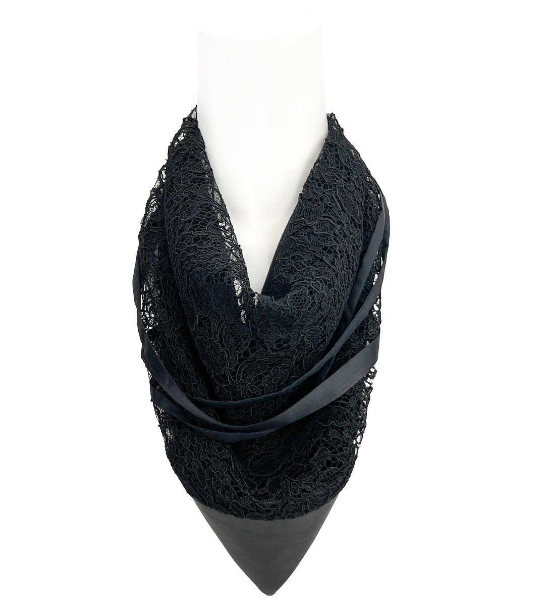 Black Lace Neckerchief Cowl with Lambskin Leather