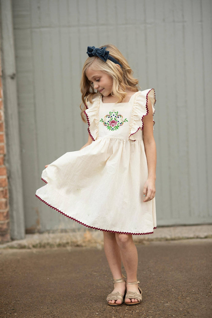 Kids Cream & Burgundy Floral Embroidered Pinafore Dress