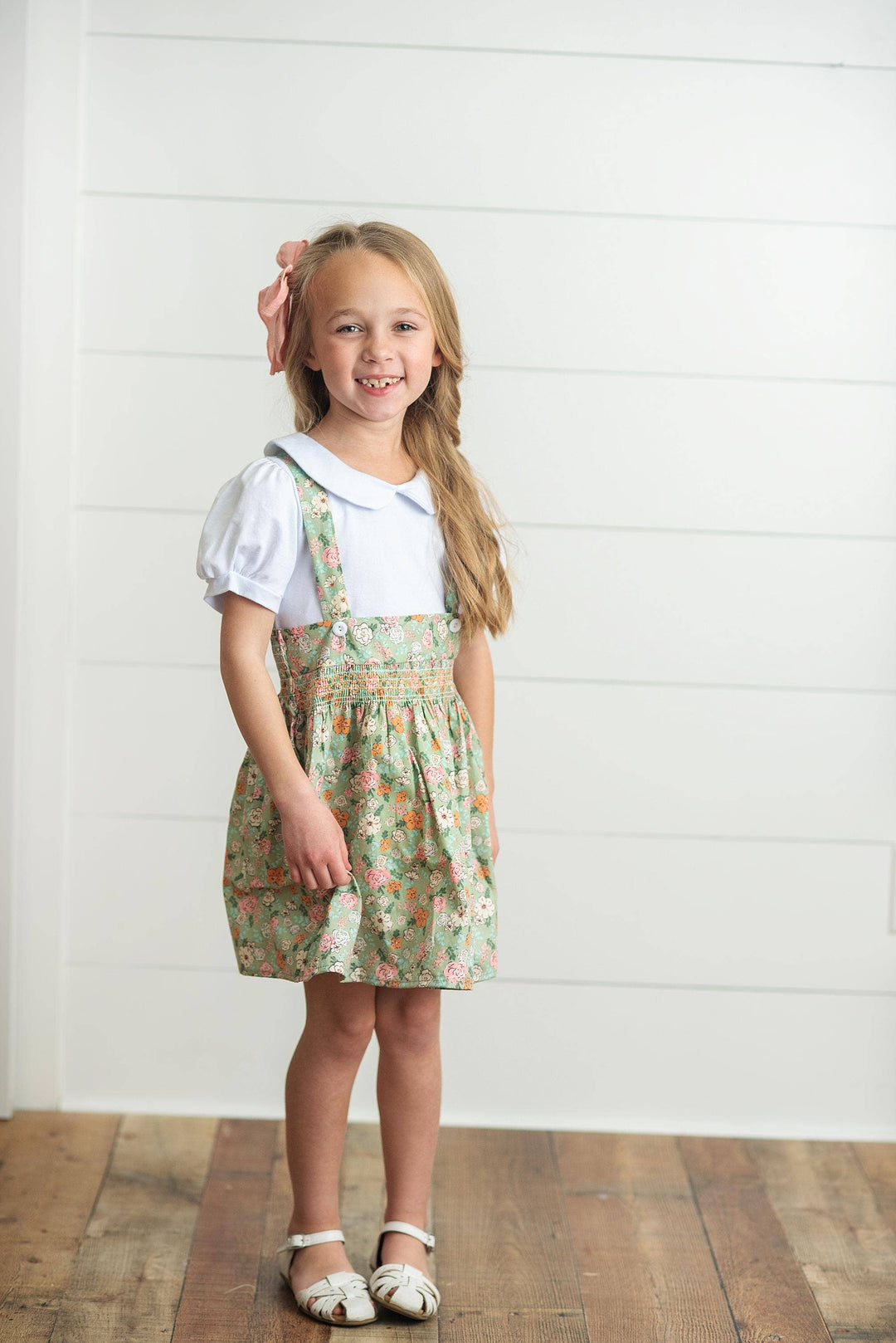 Kids Sage & White Floral Jumper Skirt Easter Collar Set
