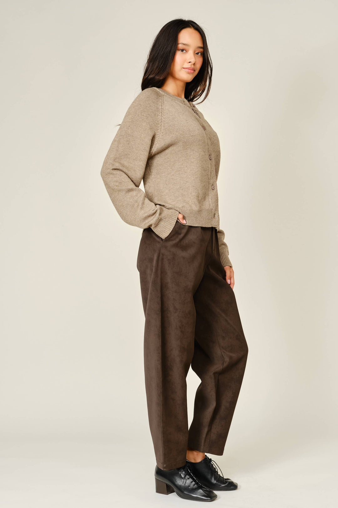 PRE-ORDER-PLAID PLACKET WOOL BlEND CARDIGAN- MUSHROOM