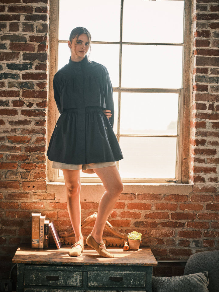 Pre-Order-Navy Shirred Tunnel Neck Trench Coat