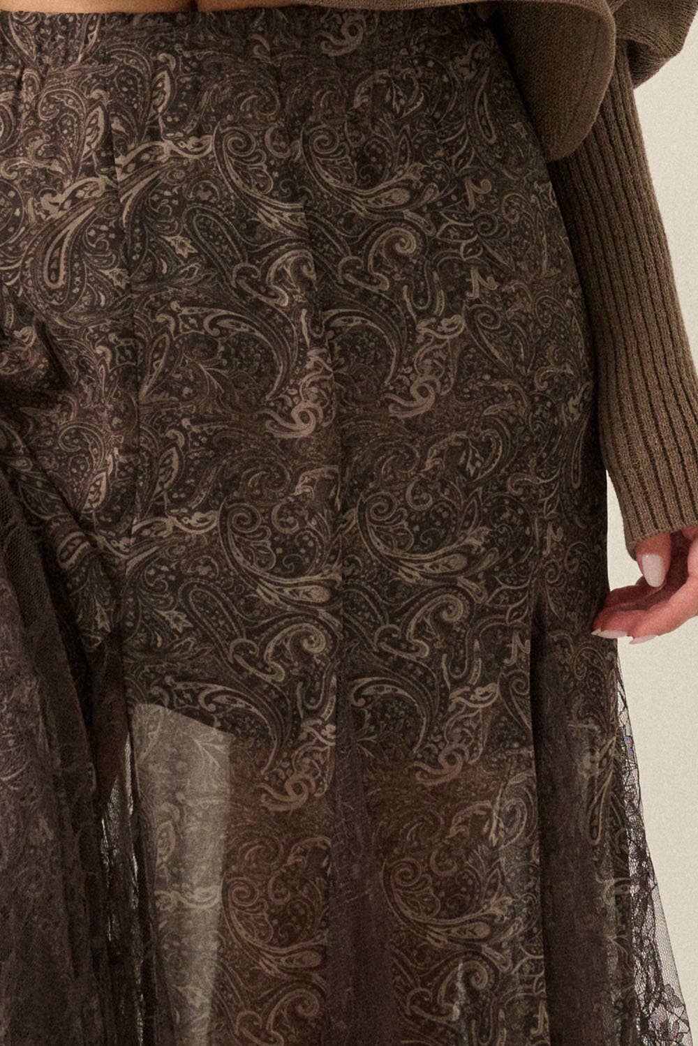Paisley-Print Chiffon &amp; Lace Elastic-Waist Godet Maxi Skirt