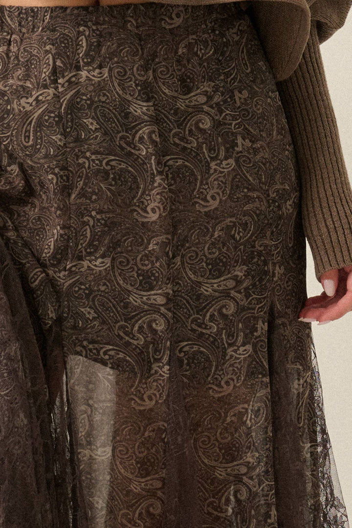 Paisley-Print Chiffon &amp; Lace Elastic-Waist Godet Maxi Skirt
