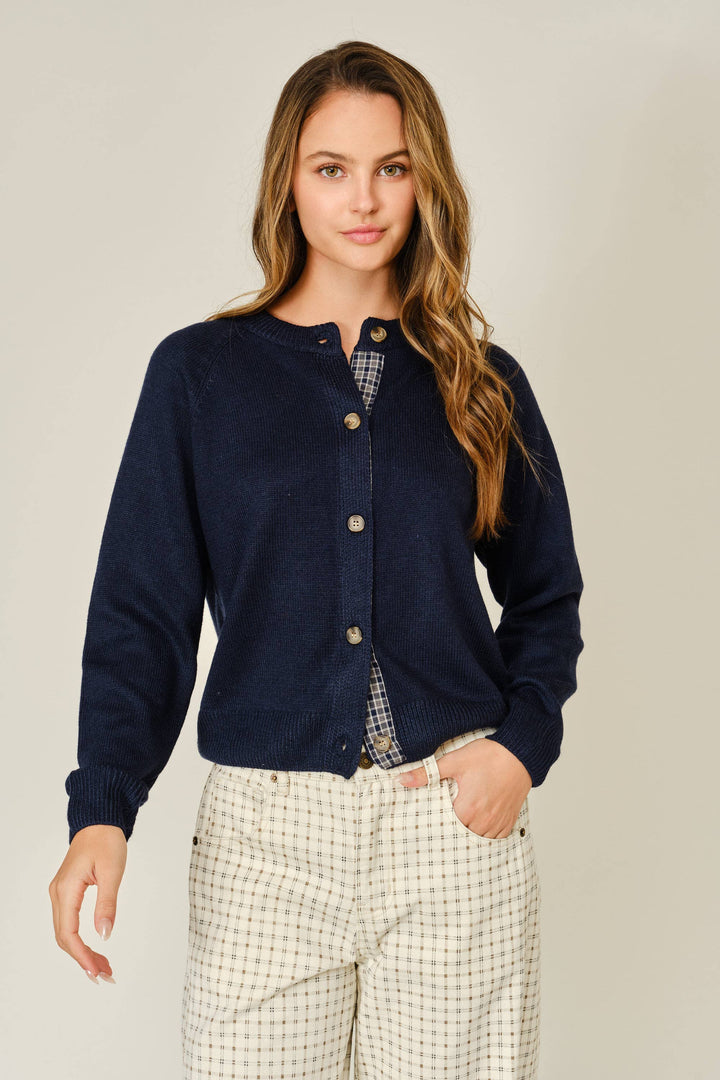 Plaid Placket Wool Blend Cardigan – Navy