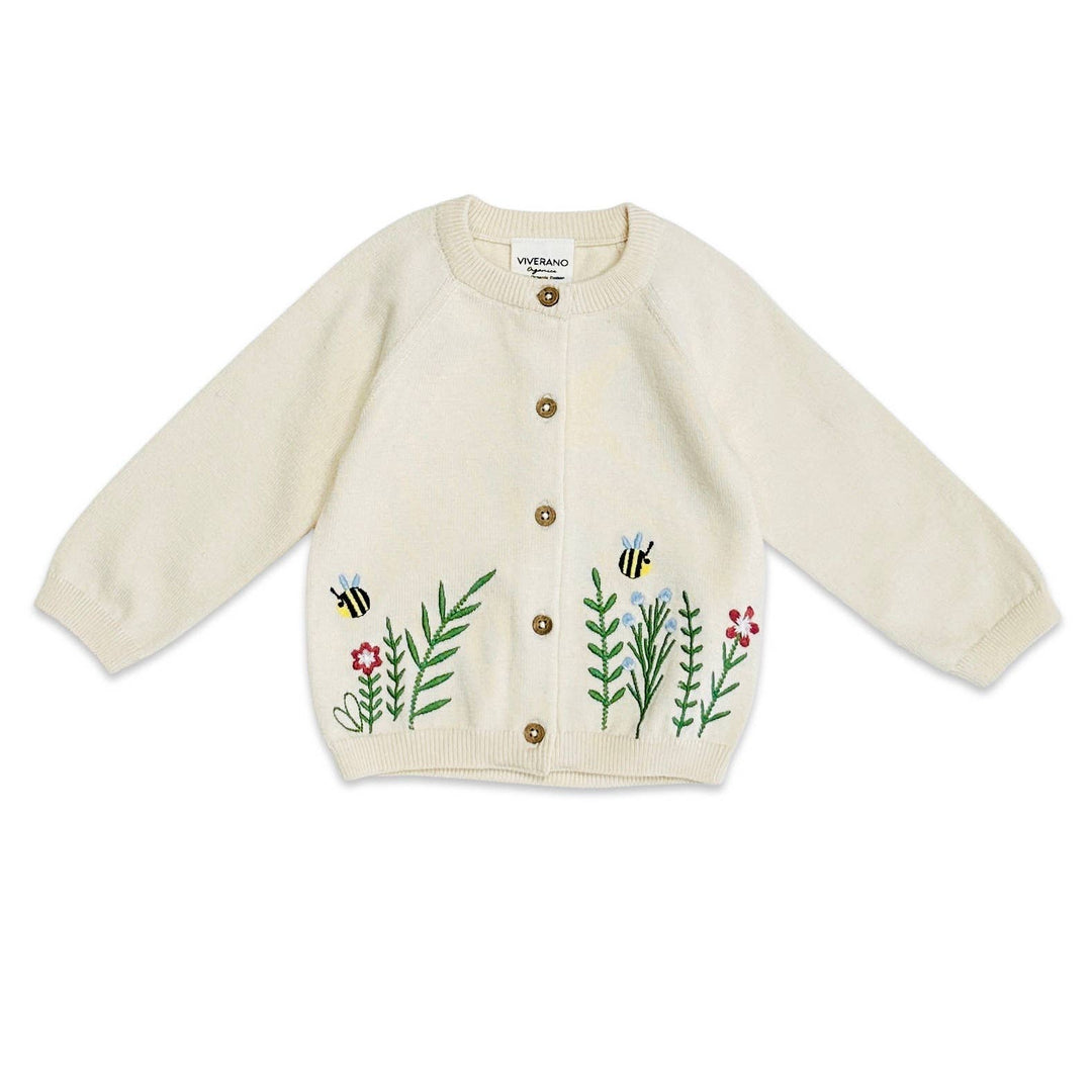 Floral Bee Embroidered Baby Sweater Knit Cardigan (Organic)
