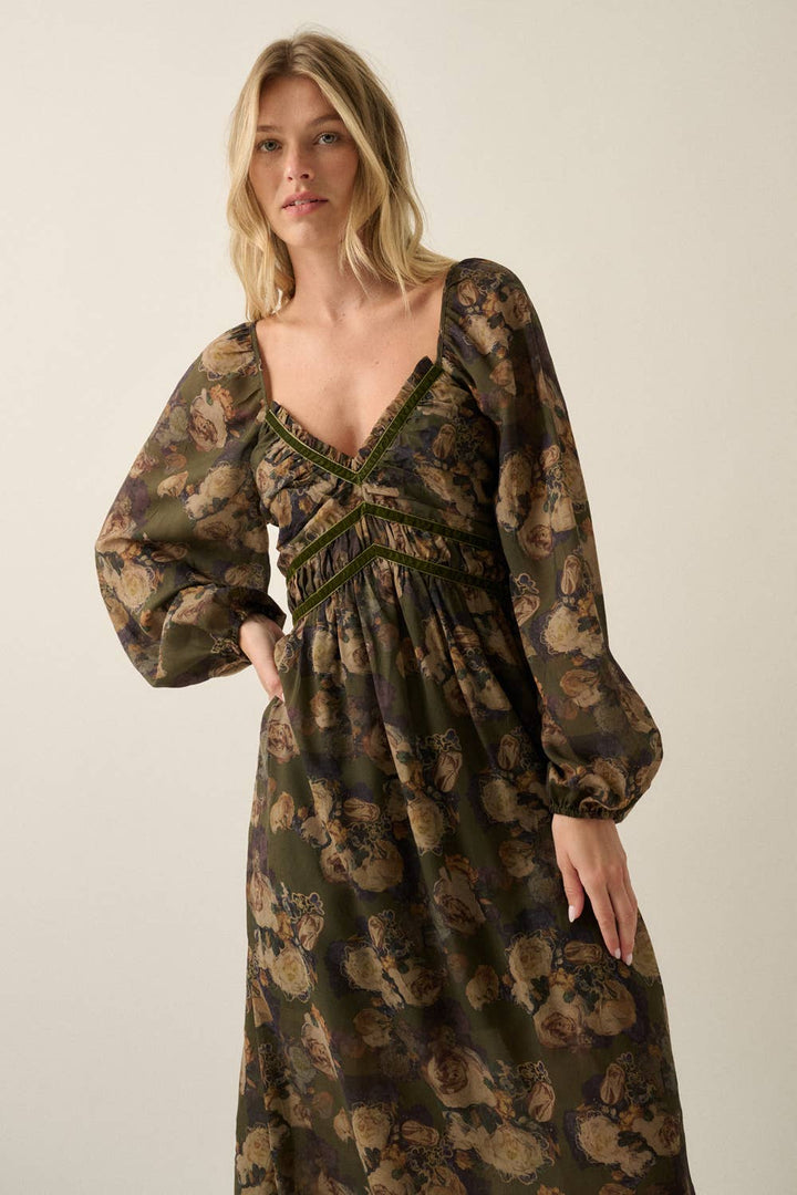Floral-Print Velvet-Trimmed Bubble-Sleeve Maxi Dress