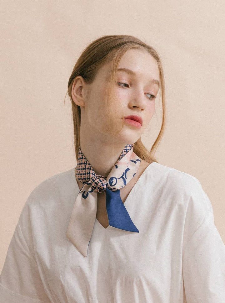 Lost Pattern NYC - "Floral Houndstooth" Silk Skinny Scarf - Blue