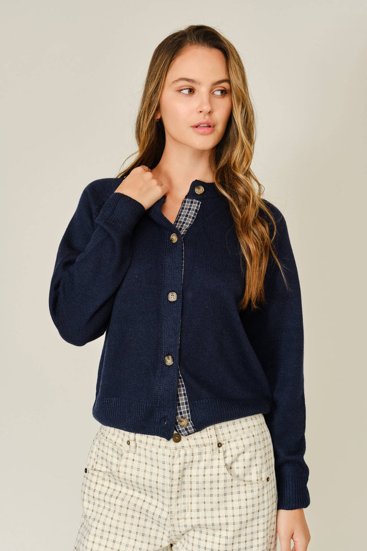 Plaid Placket Wool Blend Cardigan – Navy