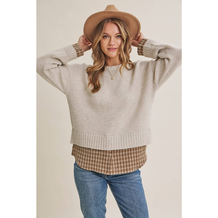 COUNTRY ROAD LAYERED PLAID HEM SWEATER