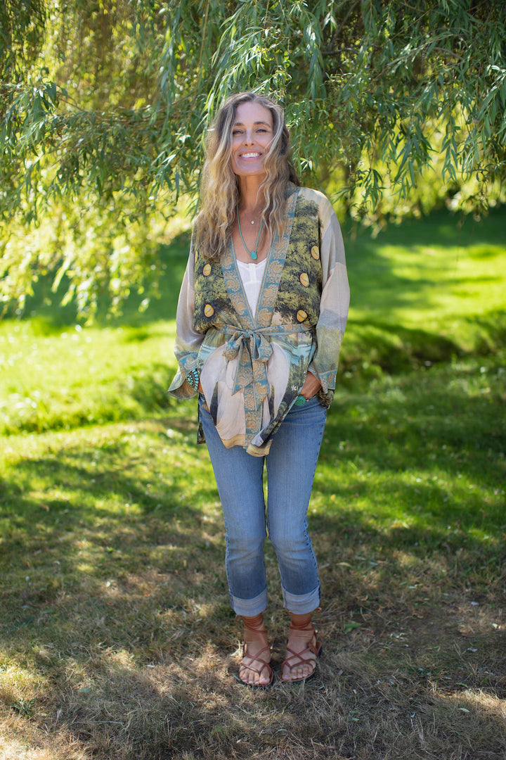 Tree of Life Bamboo Bohemian Kimono Cardigan with Belt