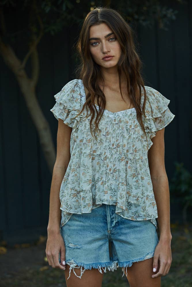 Floral Print Sweetheart Neck Ruffle Blouse