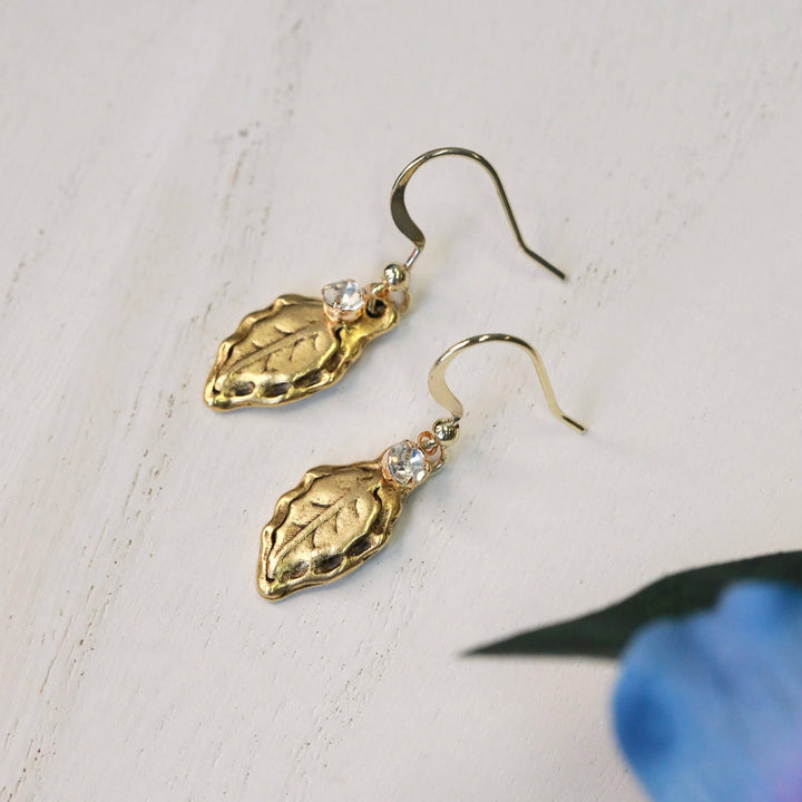 Forest Leaf Charm Earrings: Gold Plated Pewter with CZ charm