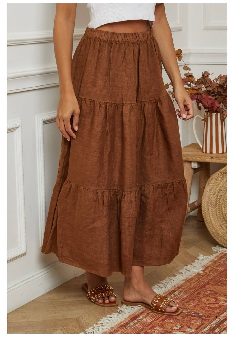 Italian Linen Tiered Maxi Skirt in Copper