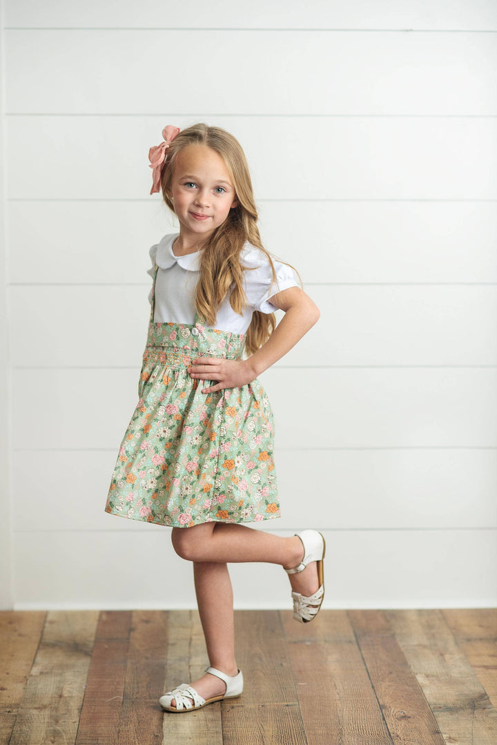 Kids Sage & White Floral Jumper Skirt Easter Collar Set