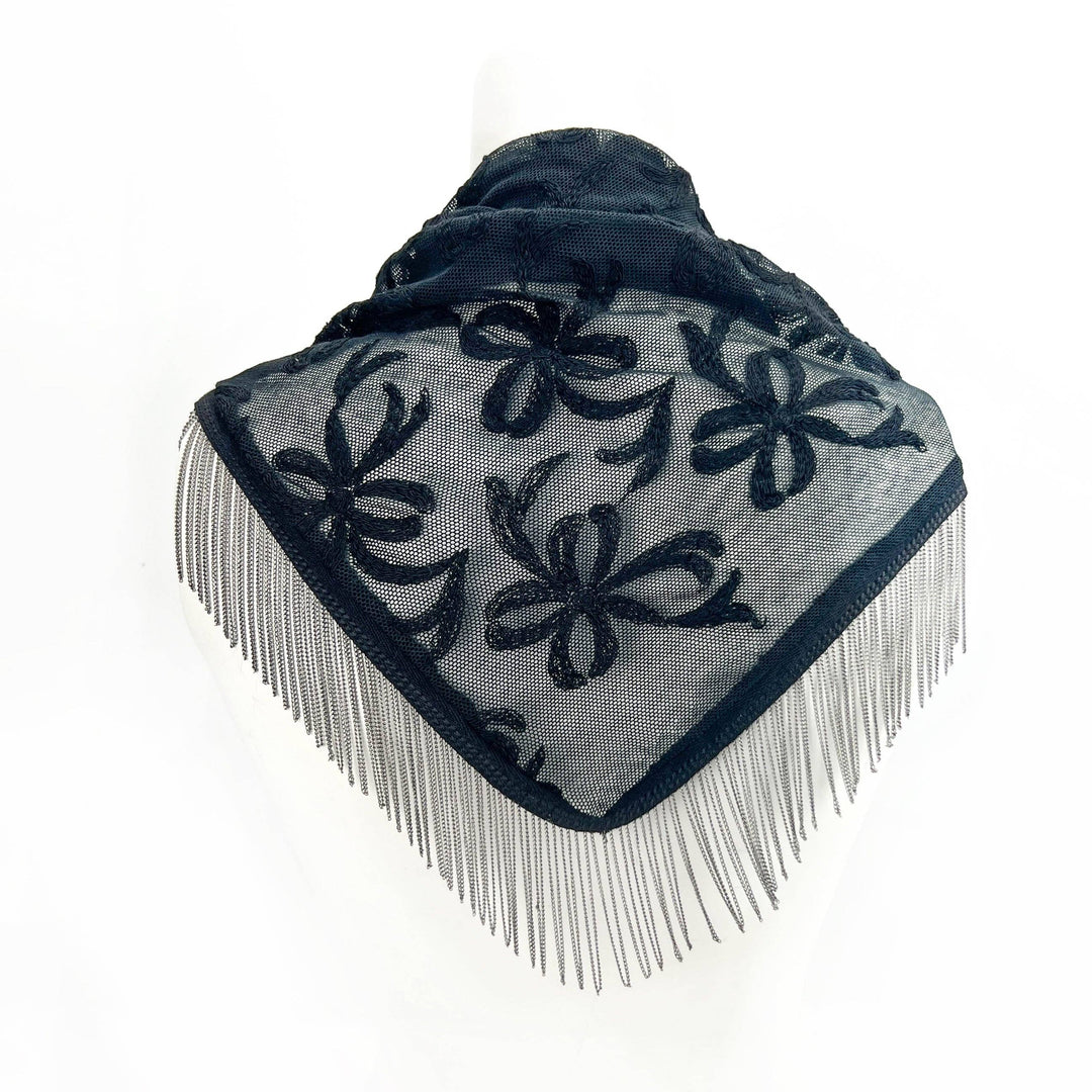 Black Lace Fringed Triangular Shawl