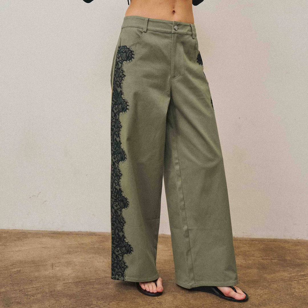 The Margot Lace-Trim Twill Pant — Olive