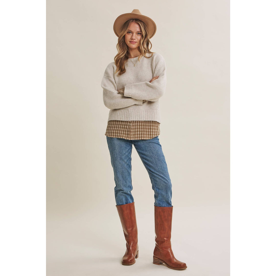 COUNTRY ROAD LAYERED PLAID HEM SWEATER