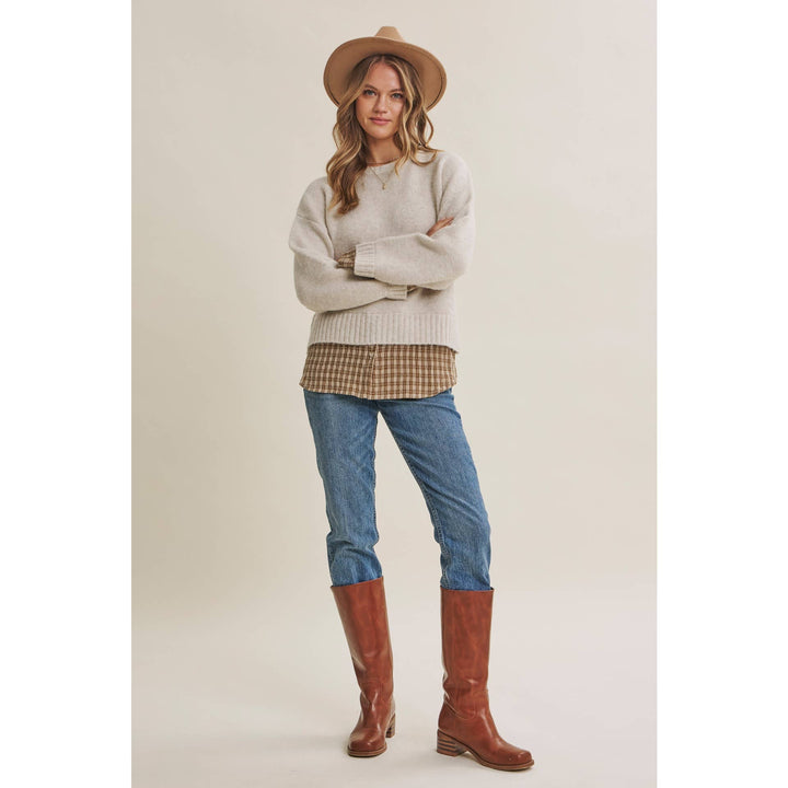COUNTRY ROAD LAYERED PLAID HEM SWEATER