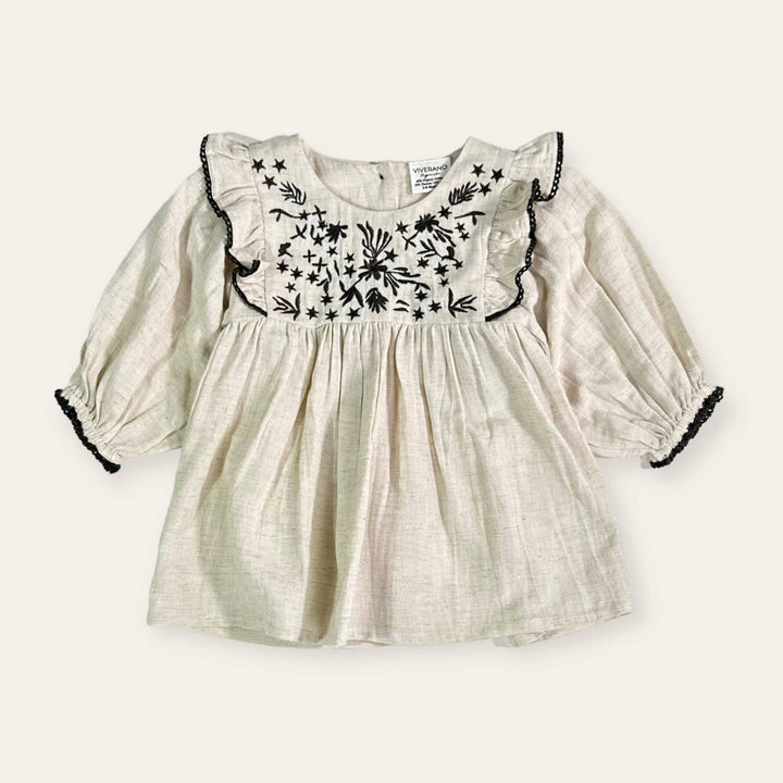 Embroidered Ruffle Flare Baby Dress (Organic Cotton / Linen)