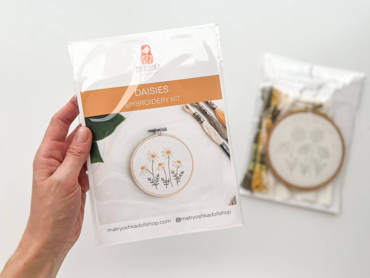 Matryoshka Doll Shop - Daisies embroidery DIY kit, beginner embroidery kit