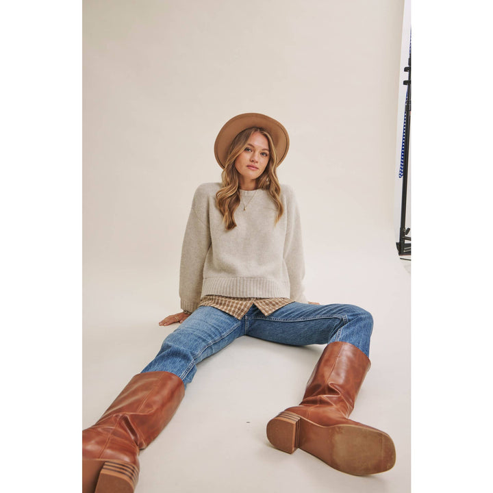 COUNTRY ROAD LAYERED PLAID HEM SWEATER