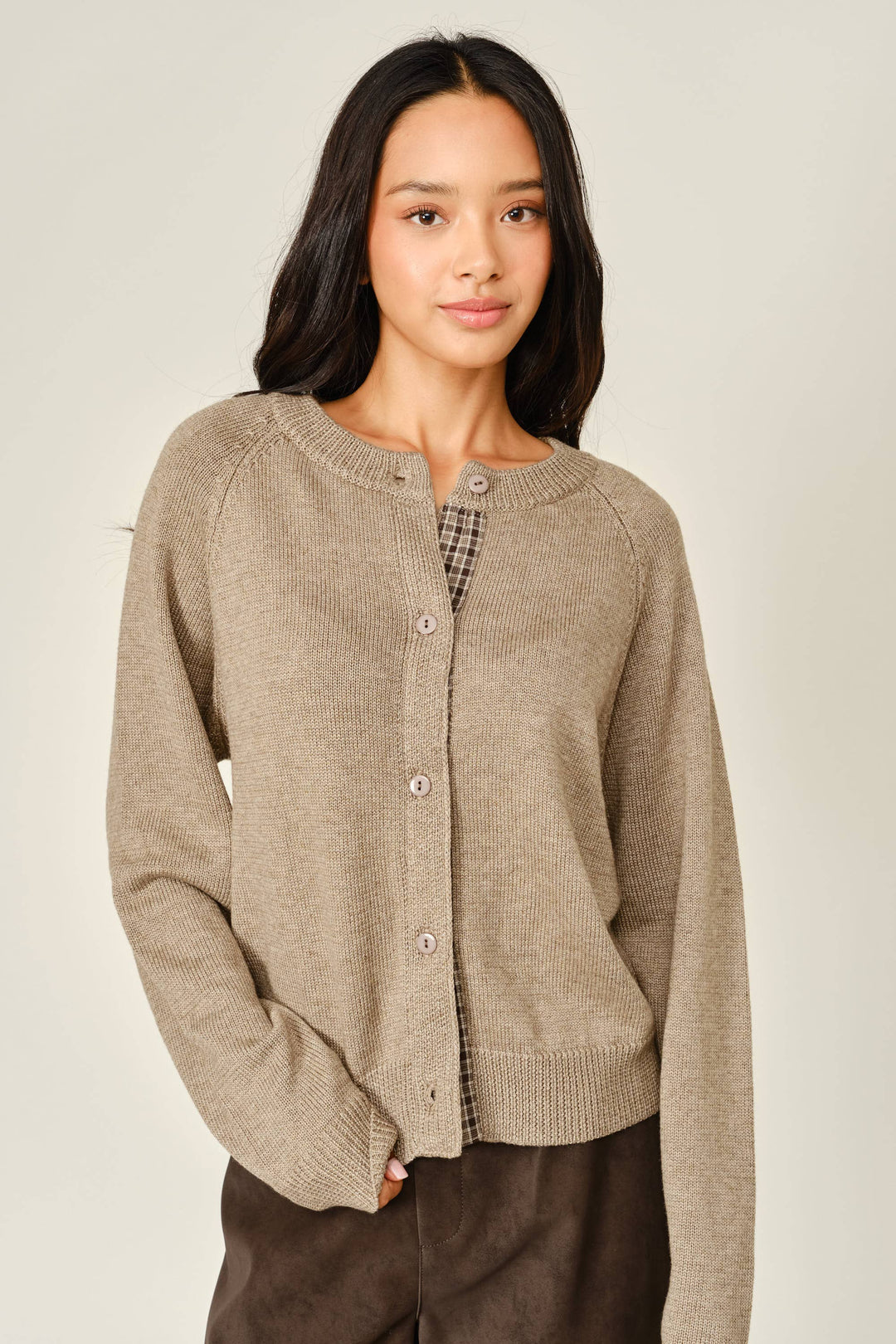 PRE-ORDER-PLAID PLACKET WOOL BlEND CARDIGAN- MUSHROOM