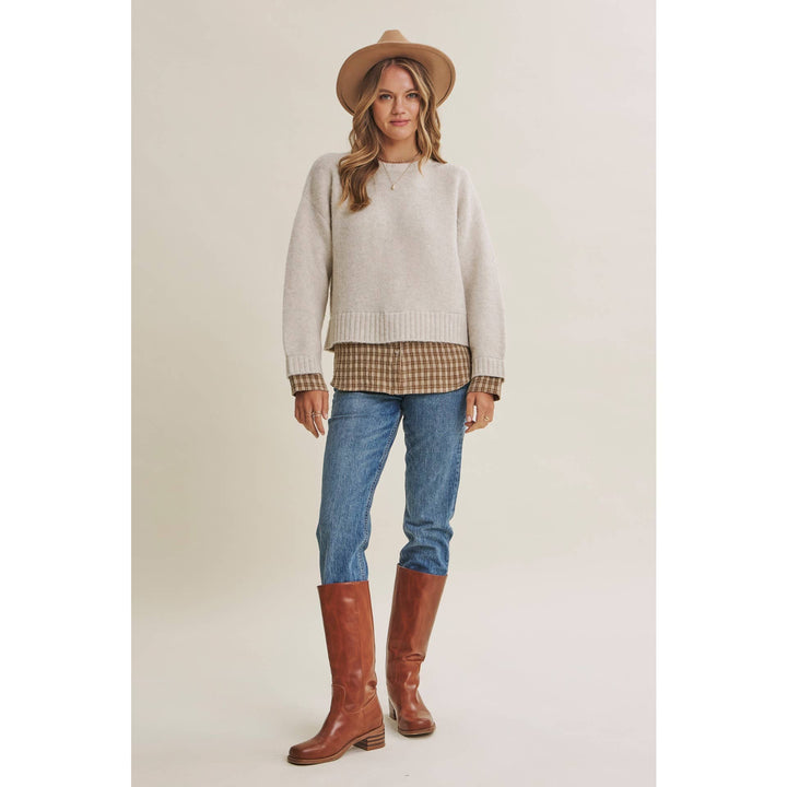 COUNTRY ROAD LAYERED PLAID HEM SWEATER