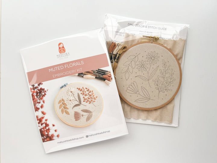 Matryoshka Doll Shop - Floral Embroidery DIY Kit, modern embroidery craft kit