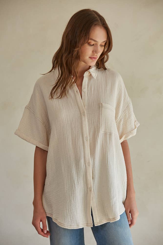 Woven Cotton Gauze Button Down Shirt