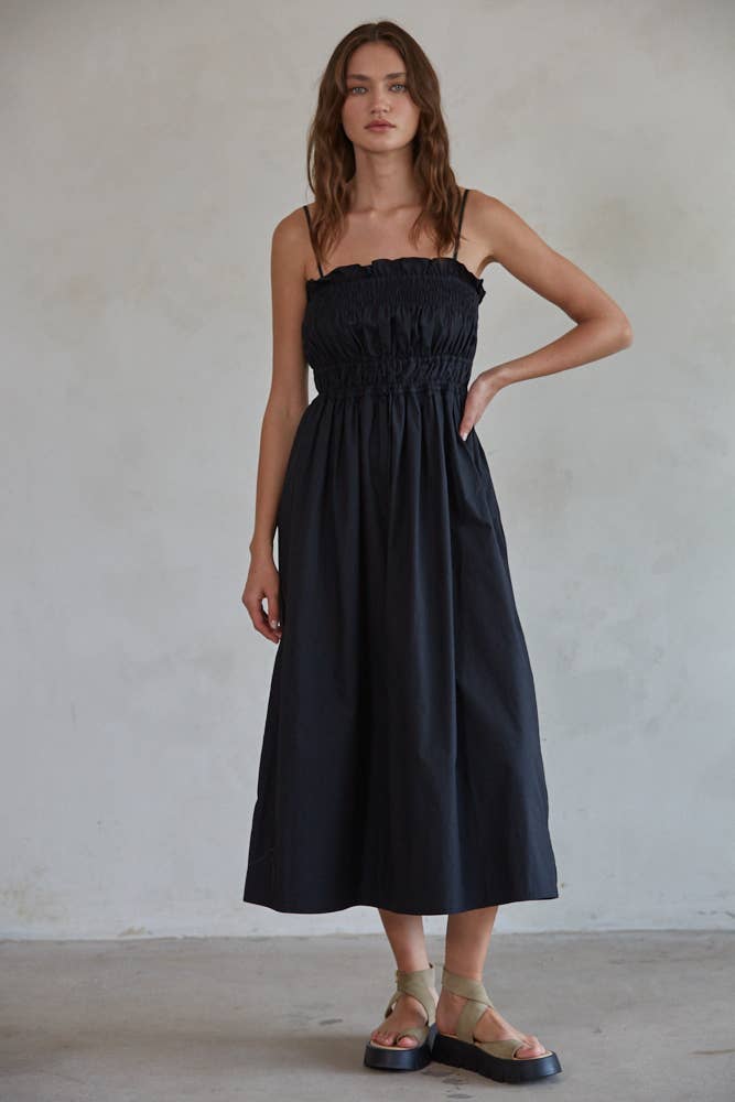 Woven Cotton Waist Band Midi Flare Dress