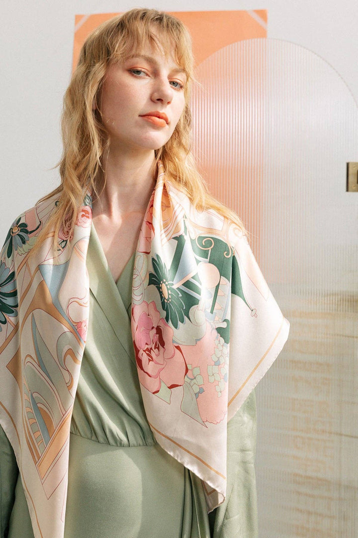 Lost Pattern NYC - "Vintage Blooms" Large Silk Square Scarf - Champagne