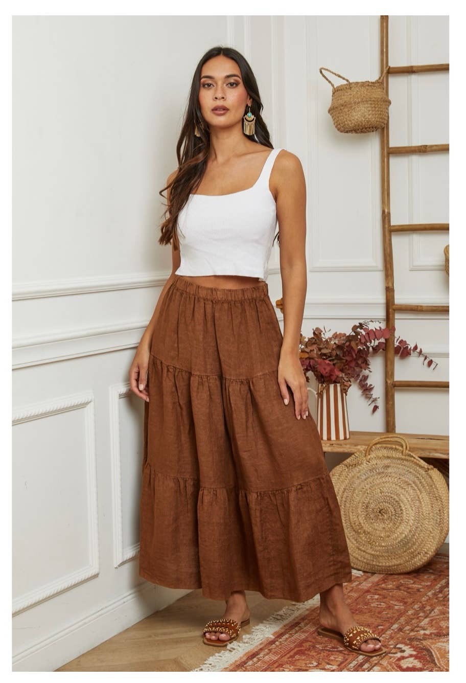 Italian Linen Tiered Maxi Skirt in Copper