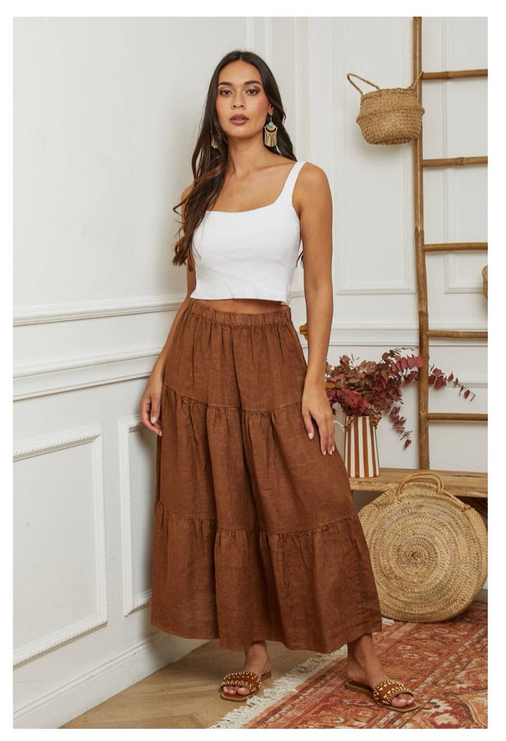 Italian Linen Tiered Maxi Skirt in Copper