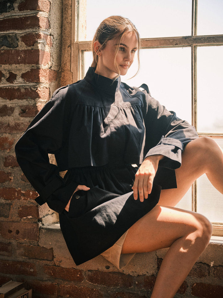 Pre-Order-Navy Shirred Tunnel Neck Trench Coat