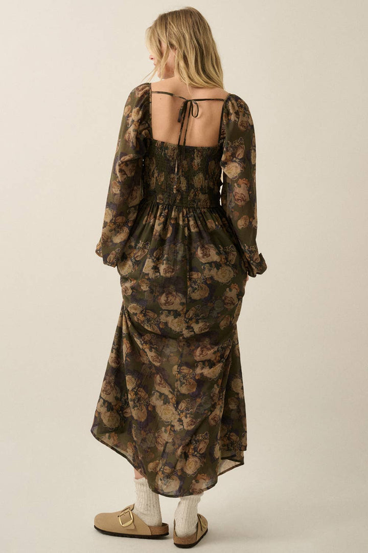 Floral-Print Velvet-Trimmed Bubble-Sleeve Maxi Dress