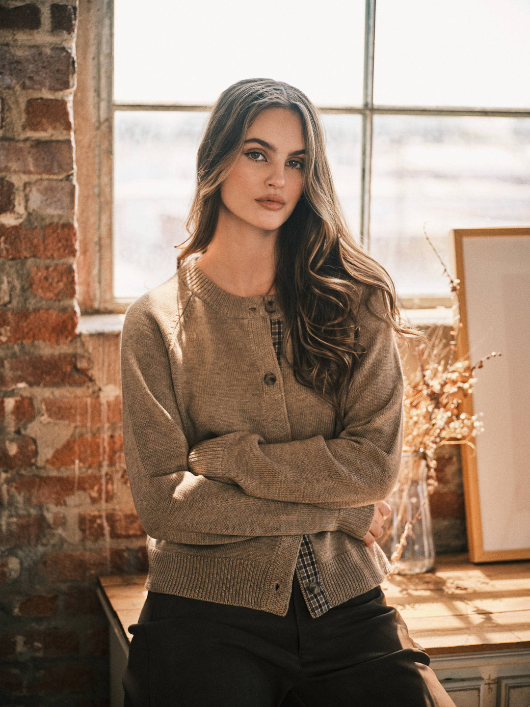 PRE-ORDER-PLAID PLACKET WOOL BlEND CARDIGAN- MUSHROOM