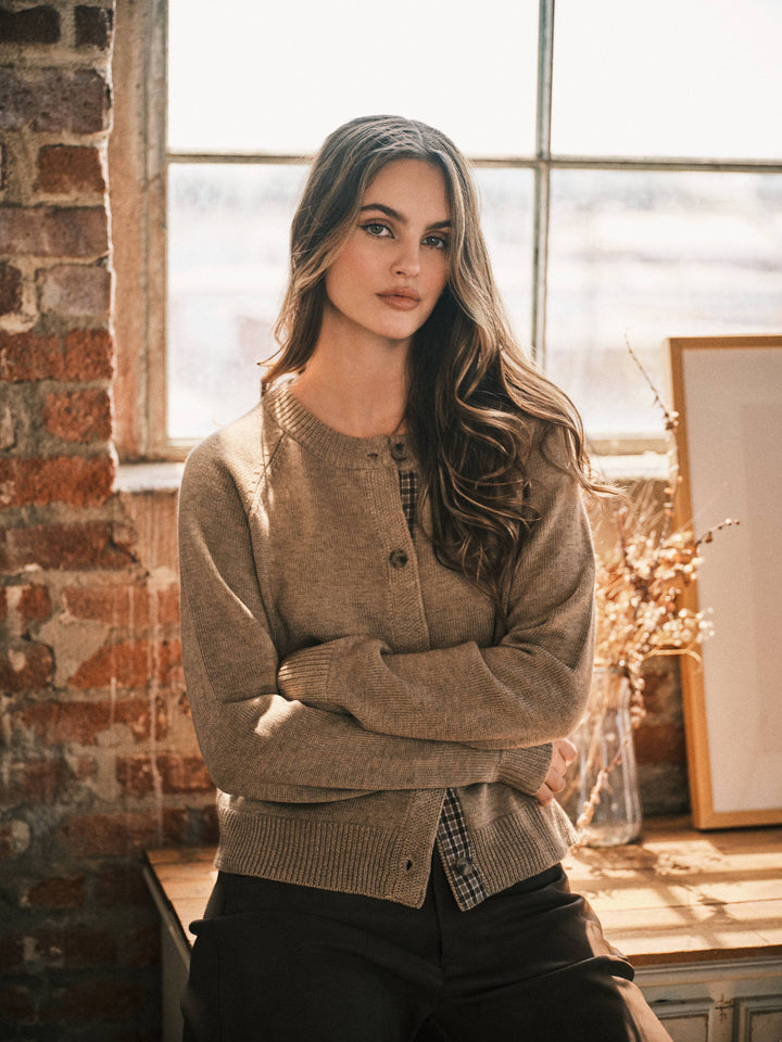 PRE-ORDER-PLAID PLACKET WOOL BlEND CARDIGAN- MUSHROOM