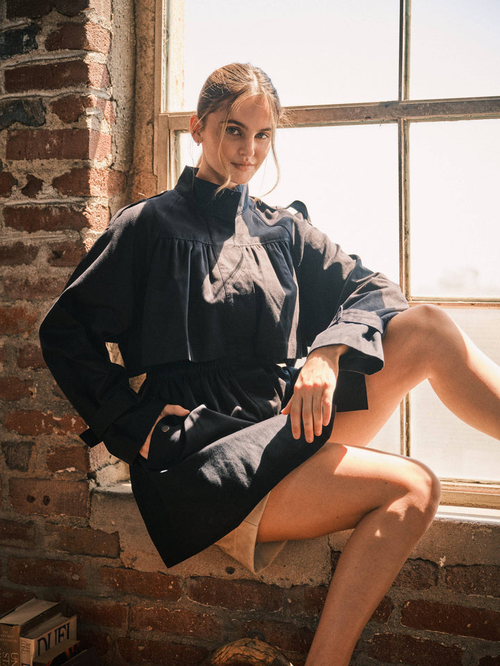Pre-Order-Navy Shirred Tunnel Neck Trench Coat