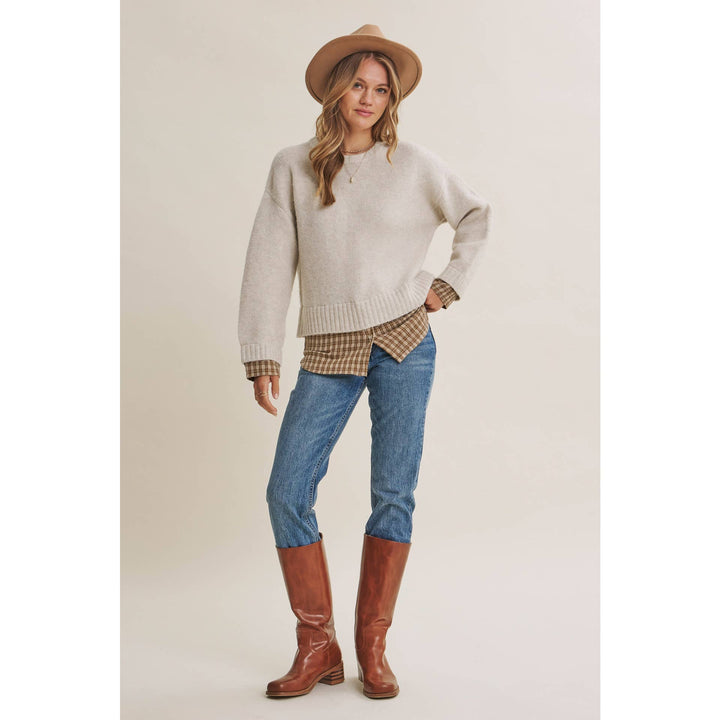 COUNTRY ROAD LAYERED PLAID HEM SWEATER