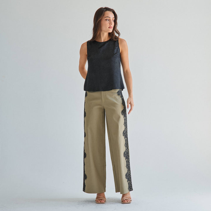 The Margot Lace-Trim Twill Pant — Olive