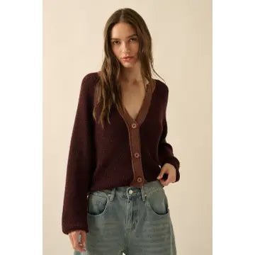 Ribbed Knit Contrast Cardigan Sweater