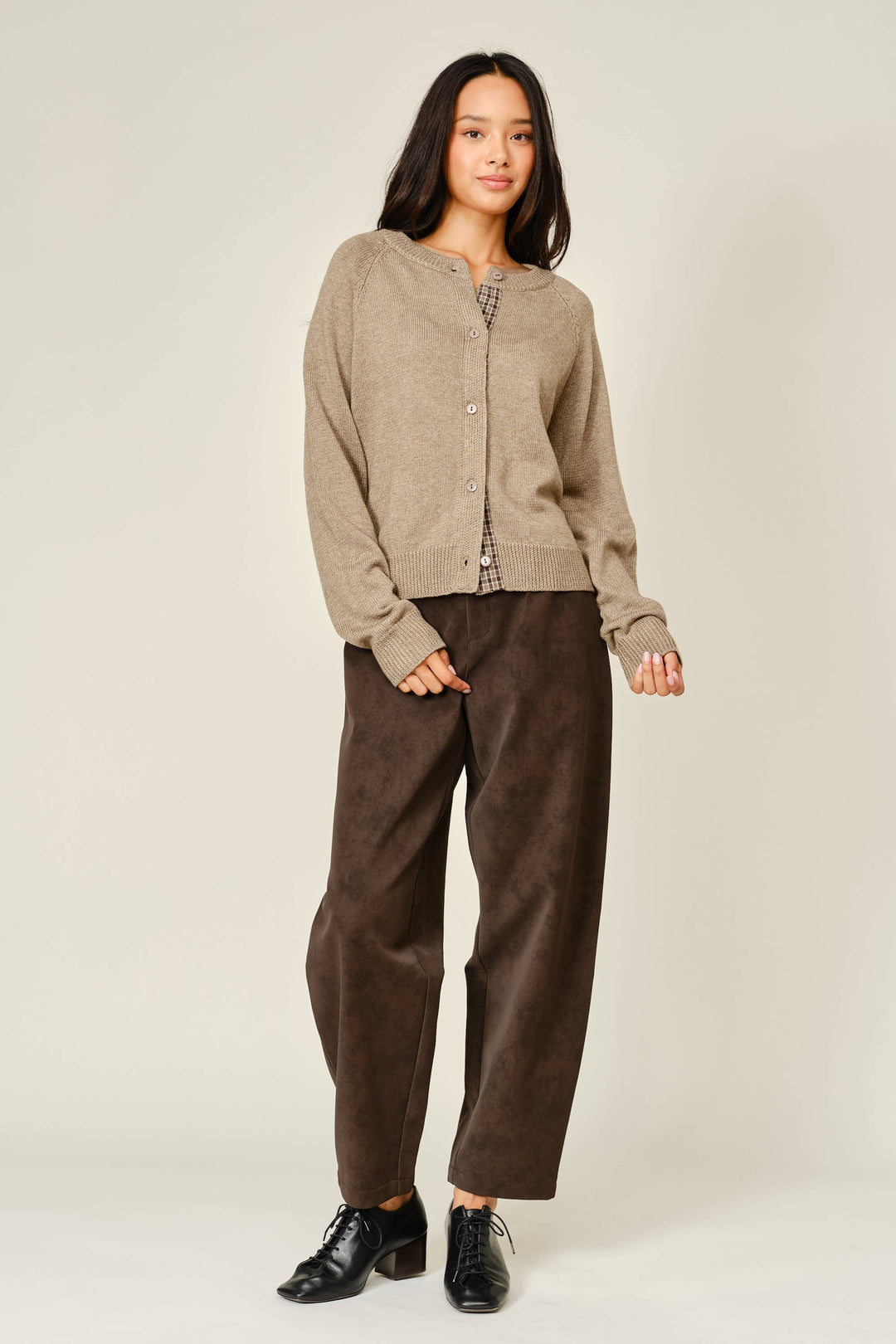 PRE-ORDER-PLAID PLACKET WOOL BlEND CARDIGAN- MUSHROOM