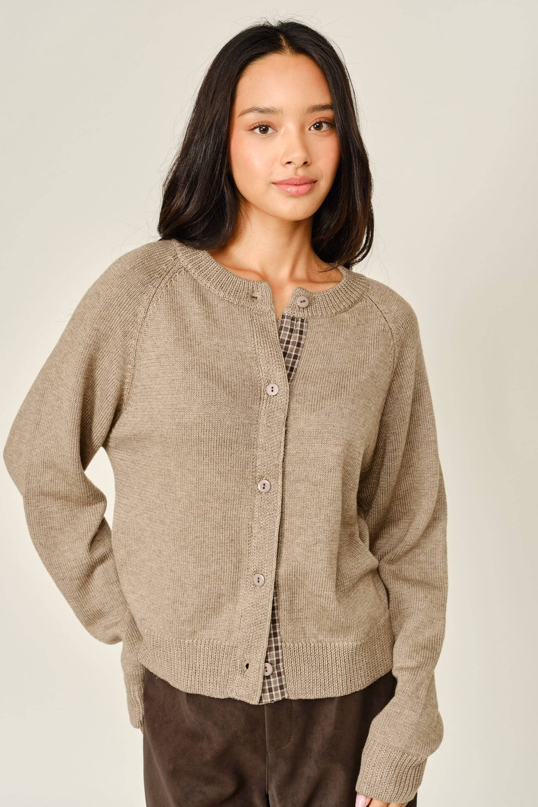 PRE-ORDER-PLAID PLACKET WOOL BlEND CARDIGAN- MUSHROOM