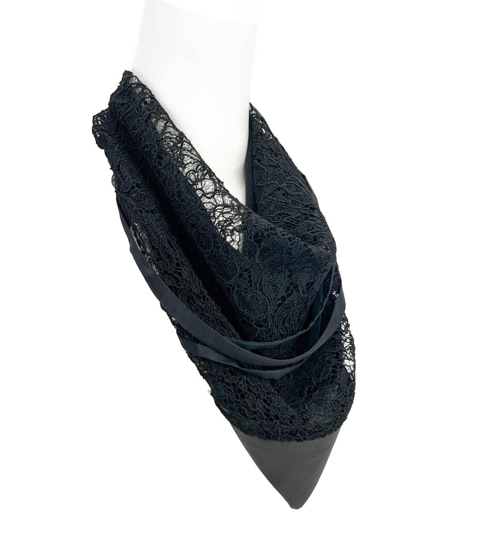Black Lace Neckerchief Cowl with Lambskin Leather