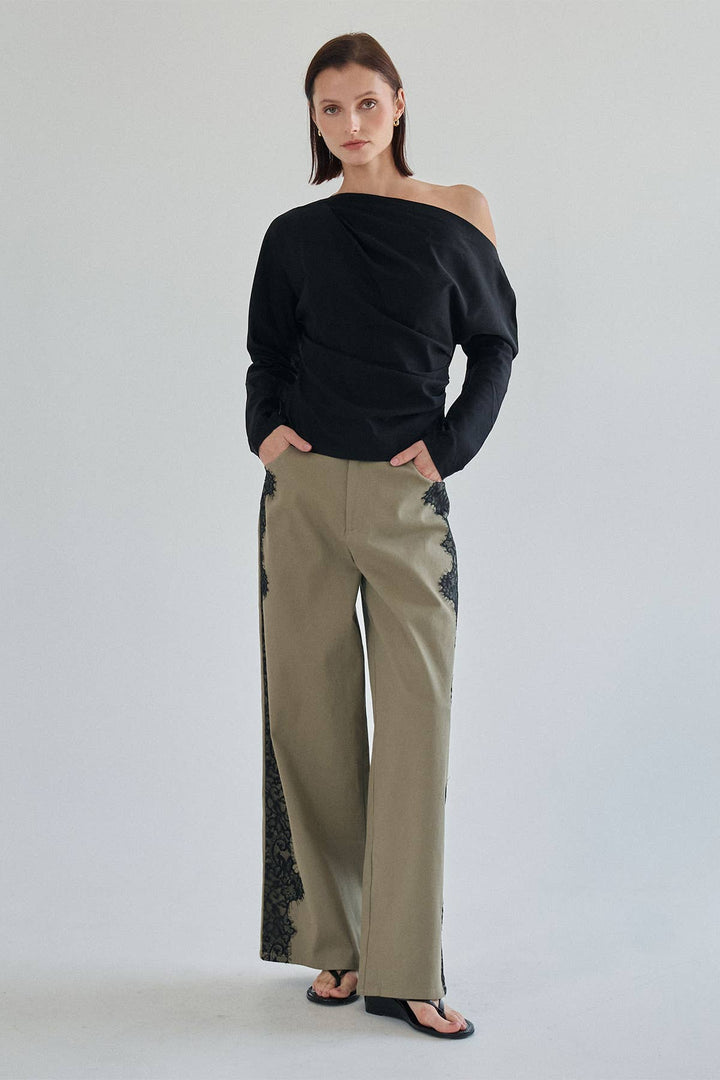 The Margot Lace-Trim Twill Pant — Olive