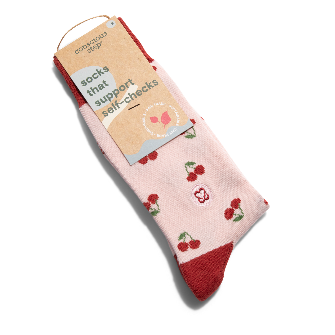 Conscious Step - Socks that Support Self-Checks (Pink Cherries)