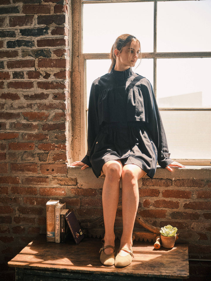 Pre-Order-Navy Shirred Tunnel Neck Trench Coat