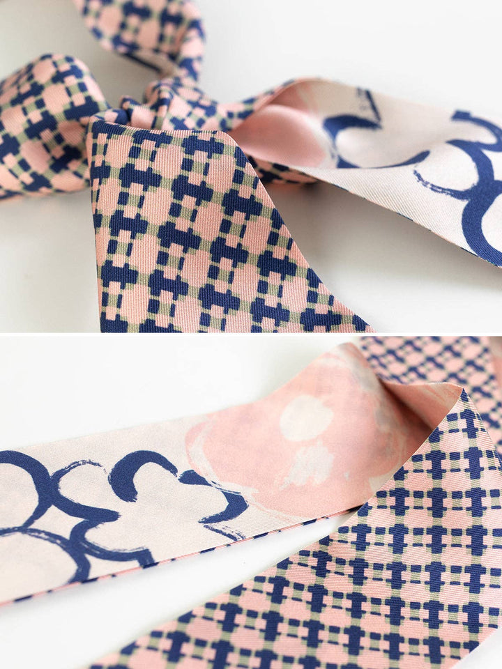 Lost Pattern NYC - "Floral Houndstooth" Silk Skinny Scarf - Blue